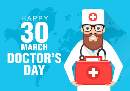 Happy doctors day concept design flat banner with doctor. vector illustrationのイラスト素材