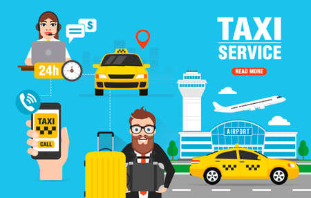 Online taxi service concept design flat. airport train station. vector illustrationのイラスト素材