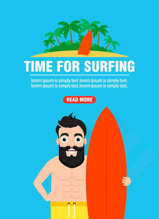 Time for surfing. Surfer concept design flat banner. vector illustrationのイラスト素材