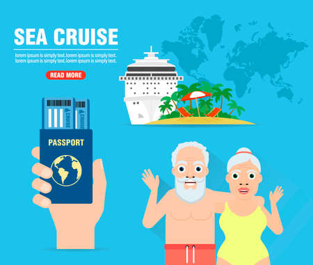 sea cruise. Journey of grandparents concept design flat banner. vector illustrationのイラスト素材