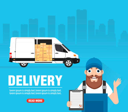 Delivery concept design flat. Delivery truck with delivery man. vector illustrationのイラスト素材