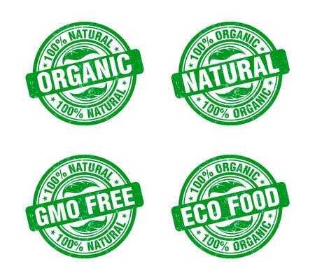 Green stamp set with text 100% organic, natural product. Gmo free, eco food product icon isolated on white background. vector illustrationのイラスト素材