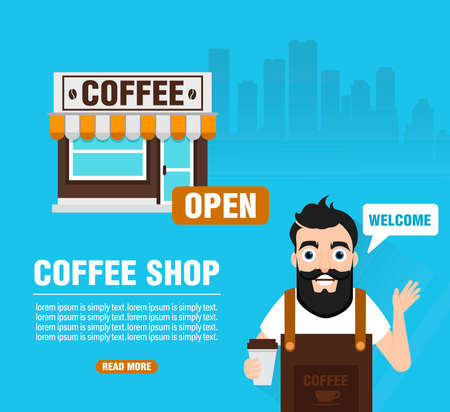 welcome coffee shop. Coffee shop design concept flat banner. vector illustrationのイラスト素材