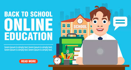 back to school. Online education flat design banner. vector illustrationのイラスト素材