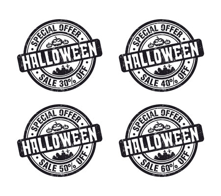 Halloween sale black grunge stamp set. Special offer sale 30, 40, 50, 60 percent off. vector illustrationのイラスト素材