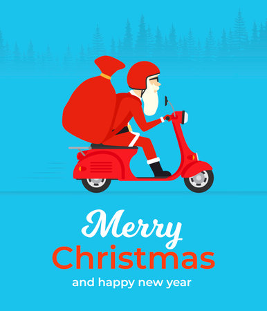 Merry Christmas and Happy New Year concept design flat banner. Santa rides a motor scooter. vector illustrationのイラスト素材