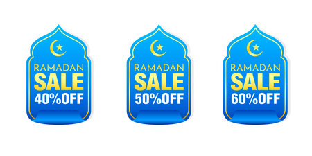Ramadan sale blue stickers set 40%, 50%, 60% off discount. vector illustrationのイラスト素材