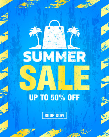 Summer sale 50% off discount, grunge design style blue banner. vector illustrationのイラスト素材