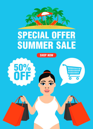 Summer sale concept design flat with girl in swimsuit. Special offer summer sale 50% off. vector illustrationのイラスト素材