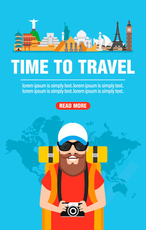 Time to travel. Around the world concept design flat with traveler. vector illustrationのイラスト素材