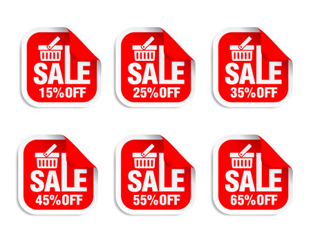 Red stickers set. Sale 15%, 25%, 35%, 45%, 55%, 65% off discount. Vector illustrationのイラスト素材