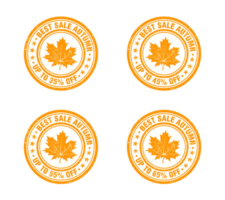 Best sale autumn up to 35, 45, 55, 65 percent off orange grunge stamp set. Vector illustrationのイラスト素材