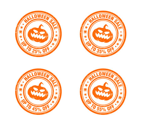 Halloween sale orange grunge stamp set. Sale 25, 35, 45, 55 percent offのイラスト素材