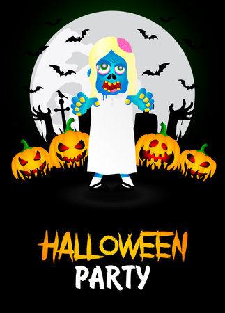 Halloween party banner. Poster with zombie young girl in the cemetery and funny pumpkins. Vector illustrationのイラスト素材