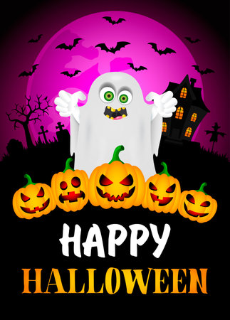 Happy Halloween poster with ghost and pumpkins. vector illustrationのイラスト素材