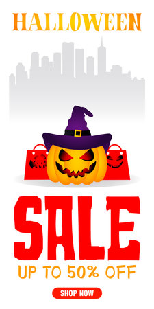 Halloween sale white poster, banner with funny pumpkin and packages. Sale up to 50% off. Sale Halloween graphic design. Vector illustrationのイラスト素材