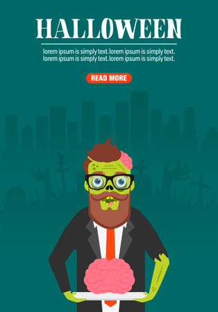 Halloween concept design flat banner with zombie. Vector illustrationのイラスト素材