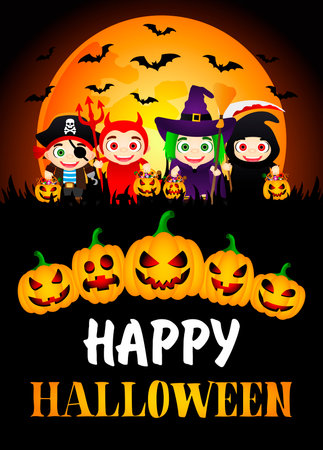 Happy Halloween poster. Kids in Halloween costumes and pumpkins. Vector illustrationのイラスト素材