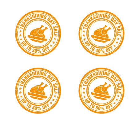 Thanksgiving day sale orange grunge stamp set. Sale 30, 40, 50, 60 percent off. Vector illustrationのイラスト素材