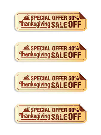 Thanksgiving day brown long stickers set. Sale 30%, 40%, 50%, 60% off discount. Vector illustrationのイラスト素材