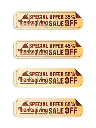 Thanksgiving day brown long stickers set. Sale 35%, 45%, 55%, 65% off discount. Vector illustrationのイラスト素材