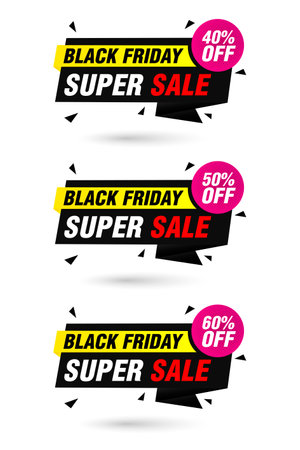 Black friday sale labels set. Super sale 40%, 50%, 60% off discount. Vector illustrationのイラスト素材