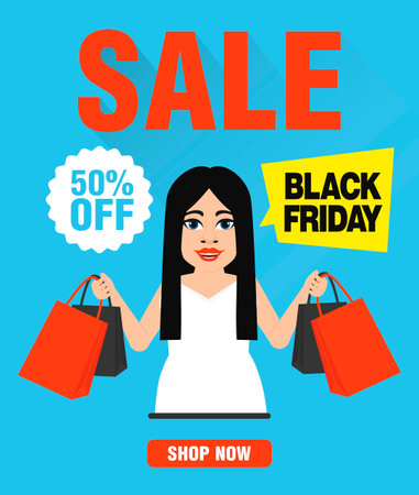 Black Friday Sale 50% off concept modern design flat banner with girl. Vector illustrationのイラスト素材