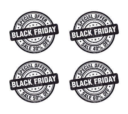 Black friday sale, black grunge stamp set. Sale 30, 40, 50, 60 percent off. Vector illustrationのイラスト素材