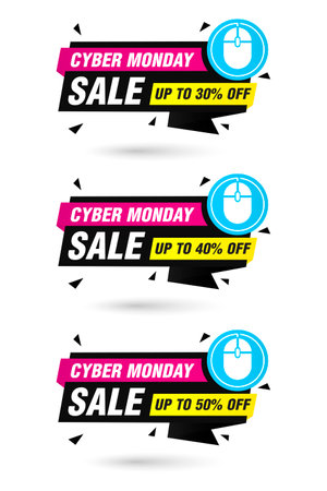 Cyber monday sale, black labels set. Sale 30%, 40%, 50% off discount. Vector illustrationのイラスト素材