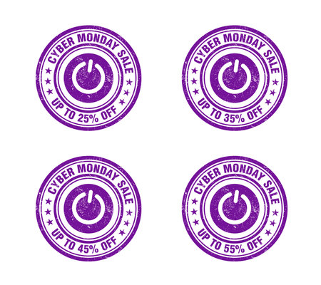 Cyber monday sale, violet grunge stamp set. Sale 25, 35, 45, 55 percent off. Vector illustrationのイラスト素材