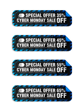 Cyber Monday sale, long stickers set. Sale 35%, 45%, 55%, 65% off discount. Vector illustrationのイラスト素材