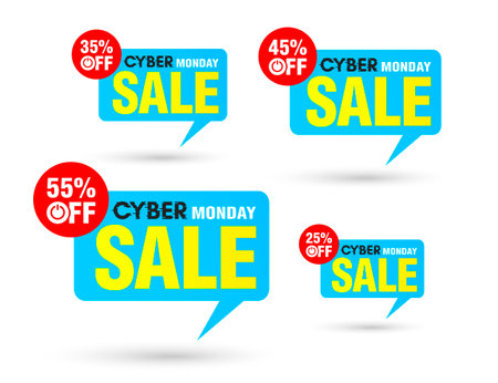 Cyber monday sale, blue tag speech bubble set. Sale 25%, 35%, 45%, 55% off discount. Vector illustrationのイラスト素材