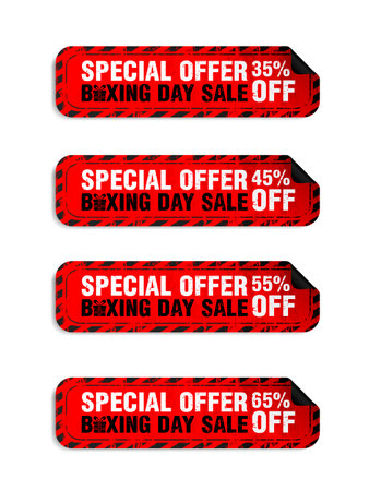 Boxing day sale red long stickers set. Sale 35%, 45%, 55%, 65% off discount. Vector illustrationのイラスト素材