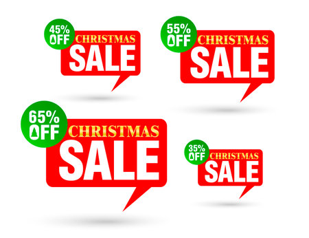 Christmas sale tag speech red bubble. Set of 35%, 45%, 55%, 65% off discount. Vector illustrationのイラスト素材