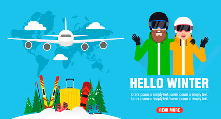 Hello winter, young couple travel concept design flat. Vector illustrationのイラスト素材