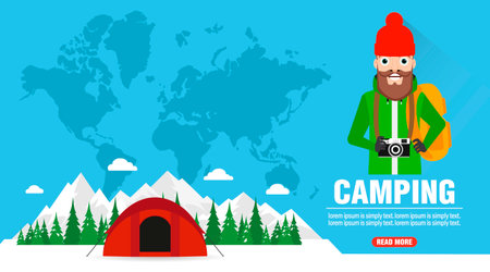 Time to travel. Winter camping concept design flat banner. Vector illustrationのイラスト素材