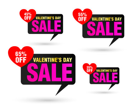 Valentines day sale tag black speech bubble set. Sale 35%, 45%, 55%, 65% off discount. Vector illustrationのイラスト素材