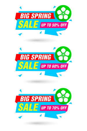 Big spring sale. Blue labels set. Sale 50%, 60%, 70% off discount. Vector illustrationのイラスト素材