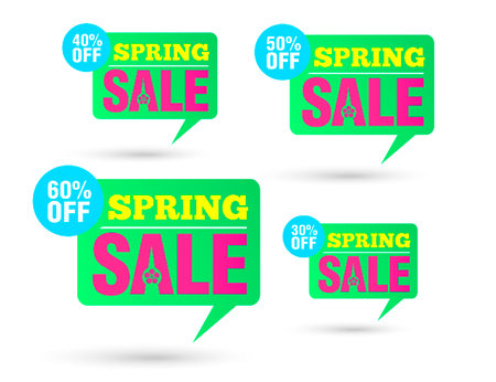 Back Spring sale. Tag speech green bubble. Sale 30%, 40%, 50%, 60% off discount. Vector illustrationのイラスト素材