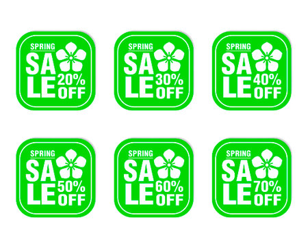 Spring sale stickers green set. Sale 20%, 30%, 40%, 50%, 60%, 70% off discount. Vector illustrationのイラスト素材