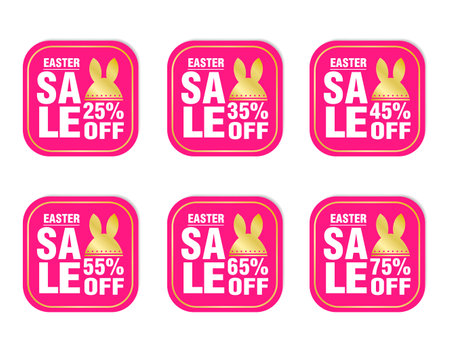 Easter sale stickers pink set. Sale 25%, 35%, 45%, 55%, 65%, 75% off discountのイラスト素材