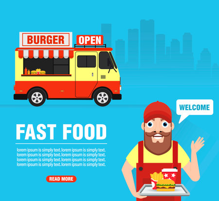 Burger on wheels. Fast food design flat style. Vector illustrationのイラスト素材