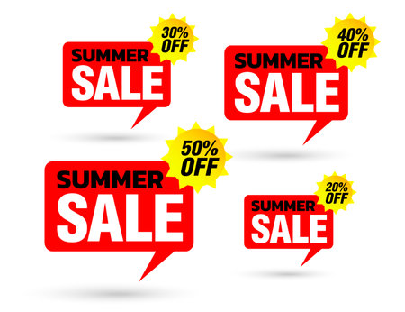 Summer sale tag speech red bubble. Set of 20%, 30%, 40%, 50% off discount. Vector illustrationのイラスト素材