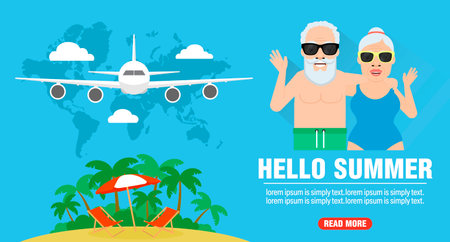 Hello summer, elderly couple travel concept design flat. Vector illustrationのイラスト素材