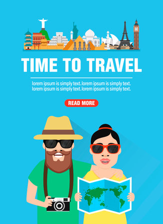 Time to travel. Journey of young couple concept design flat banner. Vector illustrationのイラスト素材