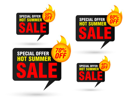 Hot Summer sale tag speech bubble. Sale 40%, 50%, 60%, 70% off discount. Vector illustrationのイラスト素材