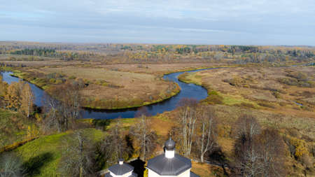 Drone photo of nature and riverの写真素材
