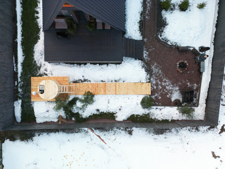 A frame house from a quadrocopter in winterの写真素材