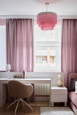 Discover a Modern Pink Themed Bedroom that features Elegant Decor and atmosphereの写真素材