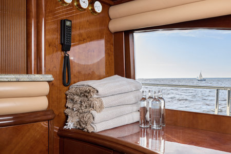 Experience the Luxurious Yacht Interior with a Stunning Scenic View of the Oceanの写真素材